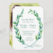写真 保存日 ラウレルリース オリーブの葉 アート 招待状 (正面/裏面)