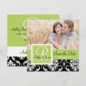 写真 保存日 黒 ダマスクイニシャル 緑 招待状 (正面/裏面)