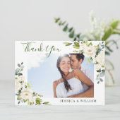 写真 優雅なユーカリと白いバラの花束 サンキューカード (スタンド正面)