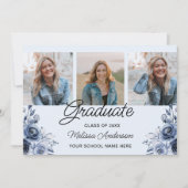 写真 卒業生 ネイビーブルー 花 お知らせ 招待状 (正面)