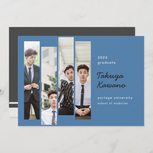 写真 卒業 コバルトブルー ブラック 発表 案内状 (正面/裏面)