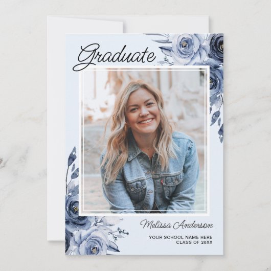写真 卒業 ネイビーブルー 花 発表 招待状 (正面)