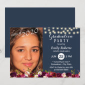 写真 卒業 ワインレッド 花柄 ネイビーブルー 招待状 (正面/裏面)