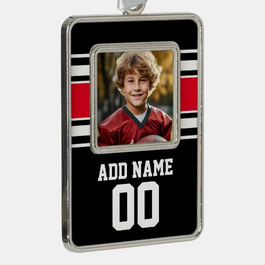 写真、名前、番号を付けたスポーツジャージー シルバープレートフレームオーナメント (右)