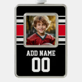 写真、名前、番号を付けたスポーツジャージー シルバープレートフレームオーナメント (正面)