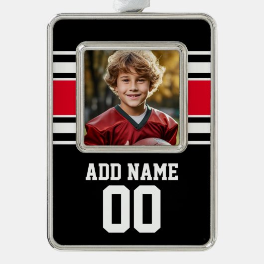 写真、名前、番号を付けたスポーツジャージー シルバープレートフレームオーナメント (正面)