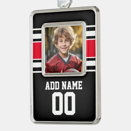 写真、名前、番号を付けたスポーツジャージー シルバープレートフレームオーナメント (左)