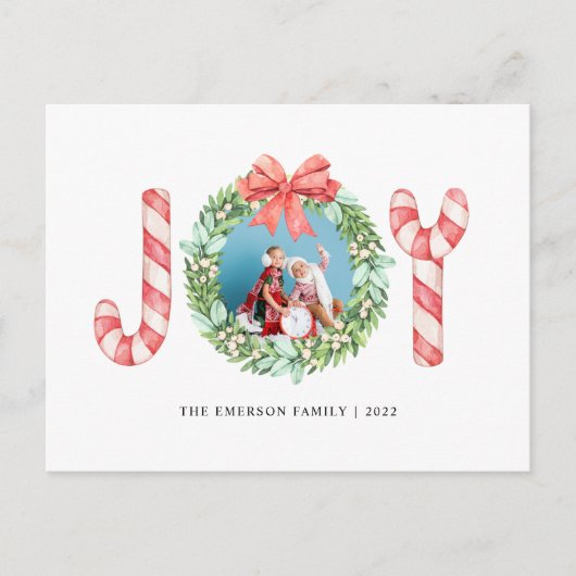 写真、名前、Joy |水彩クリスマスリース ポストカード (正面)