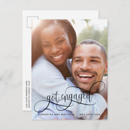 写真 婚約 発表 カリグラフィー 黒, 婚約のお知らせ 案内ポストカード (正面/裏面)