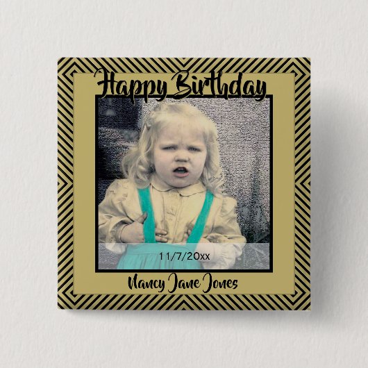 写真:幾何対角線黒と金ゴールド 缶バッジ (正面)