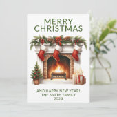 写真 暖炉 ストッキング 緑のホリデー カード (スタンド正面)