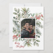 写真 松の葉 グリーン ホリー 赤 クリスマスおめでとう シーズンカード (正面)