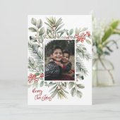 写真 松の葉 グリーン ホリー 赤 クリスマスおめでとう シーズンカード (スタンド正面)