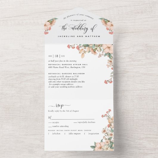 写真、桃のサンゴの植物学結婚の出欠届け オールインワン招待状 (内側)