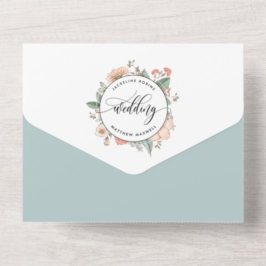 写真、桃のサンゴの植物学結婚の出欠届け オールインワン招待状 (裏面)