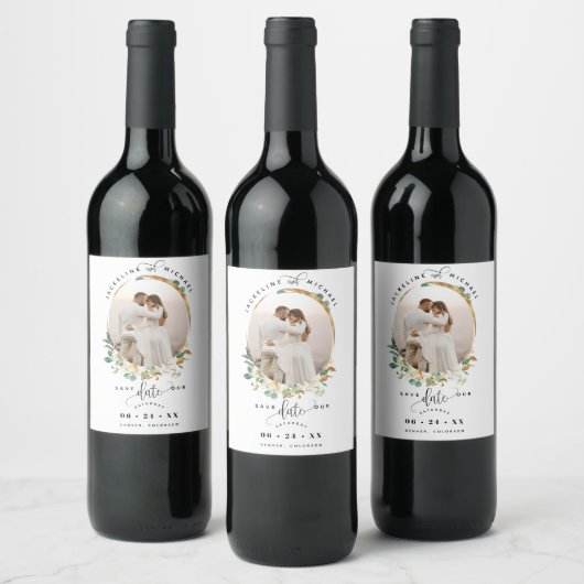 写真、白い金ゴールドフローラ、結婚式の日付を保存Wi ワインラベル (ボトル)