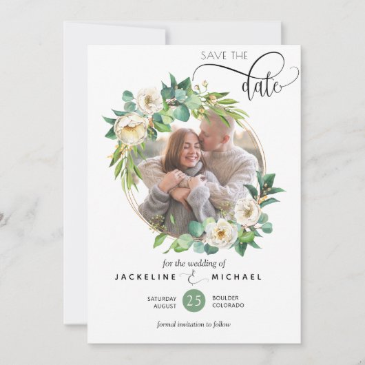 写真、白と緑の結婚式の日付を保存 セーブザデート (正面)