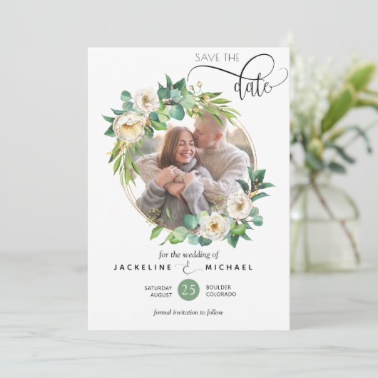 写真、白と緑の結婚式の日付を保存 セーブザデート (スタンド正面)