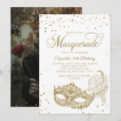 写真 白金 グリッター マスカレード 誕生日 招待状 (正面/裏面)