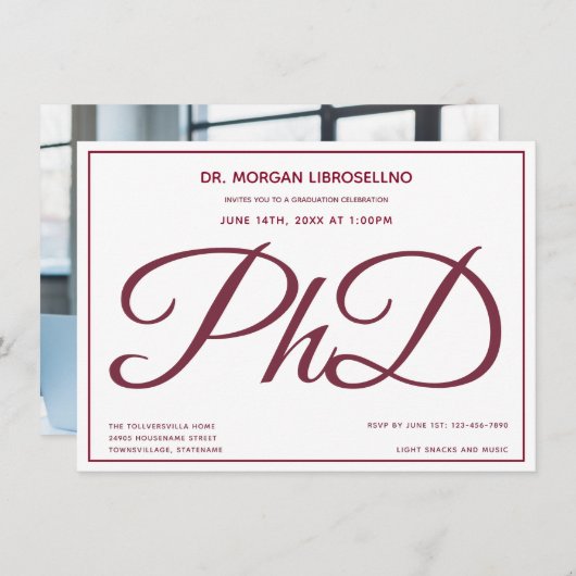 写真 白 バーガンディー PhD 卒業パーティー 招待状 (正面/裏面)
