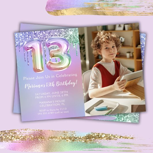写真 紫色 ピンク グリッター 13歳の誕生日パーティー 招待状