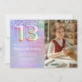 写真 紫色 ピンク グリッター 13歳の誕生日パーティー 招待状 (正面)