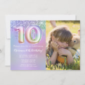 写真 紫 ピンク グリッター 10歳の誕生日パーティー 招待状 (正面)