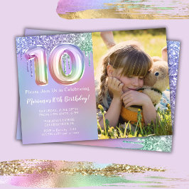写真 紫 ピンク グリッター 10歳の誕生日パーティー 招待状