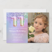 写真 紫 ピンク グリッター 11歳の誕生日パーティー 招待状 (正面)