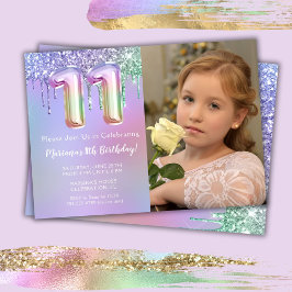 写真 紫 ピンク グリッター 11歳の誕生日パーティー 招待状