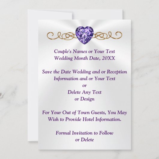 写真、紫、金ゴールド結婚式の日付カードを保存 招待状 (裏面)