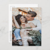 写真, 結婚するんだ, 白いカリグラフィーの婚約報告 案内ポストカード (正面/裏面)