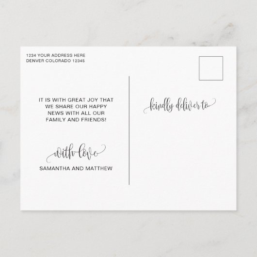 写真, 結婚するんだ, 白いカリグラフィーの婚約報告 案内ポストカード (裏面)