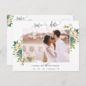 写真、緑と白、結婚式の日付を保存 ポストカード (正面/裏面)