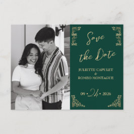 写真、緑のエレガント金ゴールドアールデコが日付を保存 ポストカード