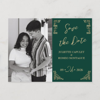 写真、緑のエレガント金ゴールドアールデコが日付を保存 ポストカード