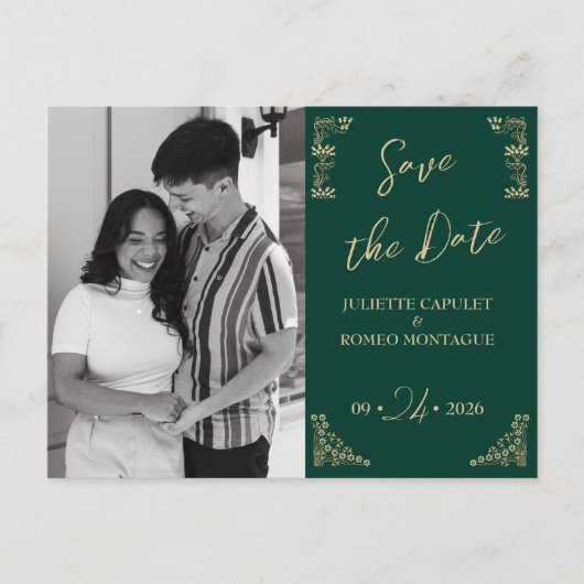 写真、緑のエレガント金ゴールドアールデコが日付を保存 ポストカード (正面)