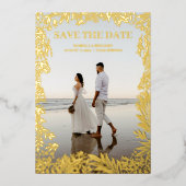 写真 花 モダン ボタニカル ゴールド Save The Date 箔招待状 (正面)