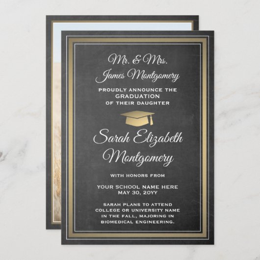 写真：親からChalkboardと金ゴールド卒業 案内状 (正面/裏面)