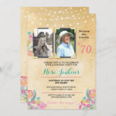 写真 誕生日パーティー ピンク フラワー 2 枚の写真 招待状 (正面/裏面)