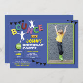 写真 誕生日 ジャンプ バウンス パーティー トランポリン 青 招待状 (正面/裏面)