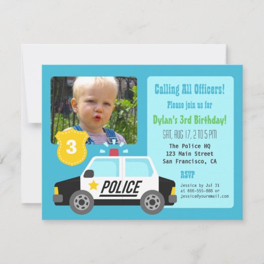 写真 警察の車 こどもの誕生日パーティー招待状 招待状 (正面)
