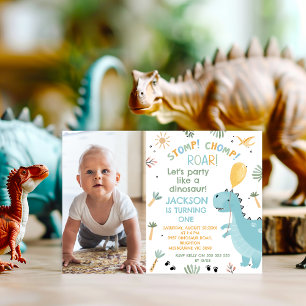 写真 青い 恐竜の踏みつぶせ!かみつき!咆哮! 1歳の誕生日 招待状