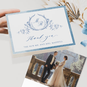 写真、青クラシック色モノグラム、水結婚色 サンキューカード