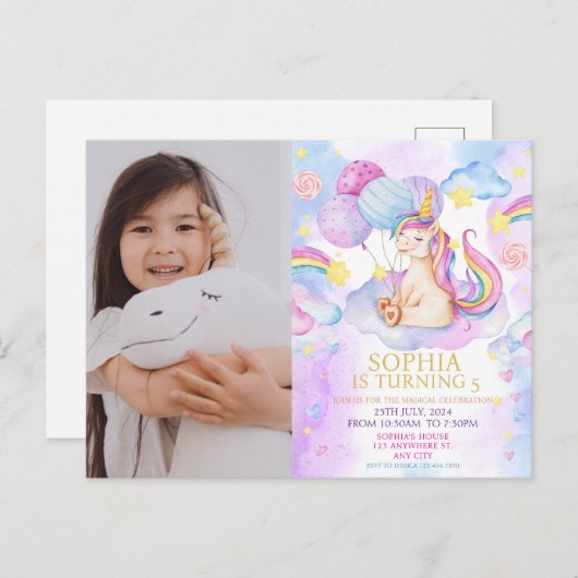 写真 魔法のユニコーン 誕生日招待状 レインボー ポストカード (正面/裏面)