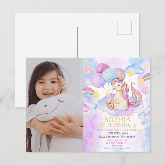 写真 魔法のユニコーン 誕生日 招待状 レインボー (正面/裏面)