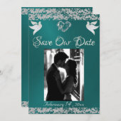 写真、鳩、シルバーハートとグリッター-ティール(緑がかった色) セーブザデート (正面/裏面)