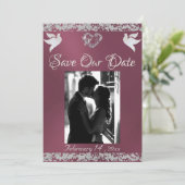 写真、鳩、シルバーハートとグリッター – ラベンダー セーブザデート (スタンド正面)