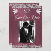 写真、鳩、シルバーハートとグリッター – ラベンダー セーブザデート (正面/裏面)