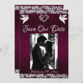 写真、鳩、シルバーハートとグリッター – 紫 セーブザデート (正面/裏面)